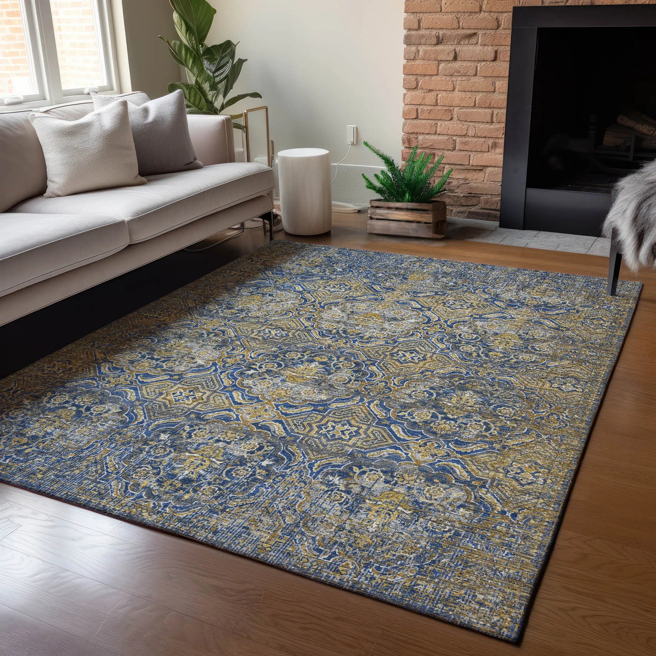5' X 8' Navy Blue And Blue Floral Washable Indoor Outdoor Area Rug Homeroots Outdoor