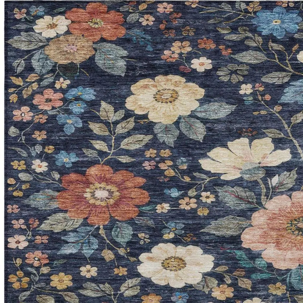 5' X 8' Navy Blue And Blue Floral Washable Indoor Outdoor Area Rug Homeroots Outdoor
