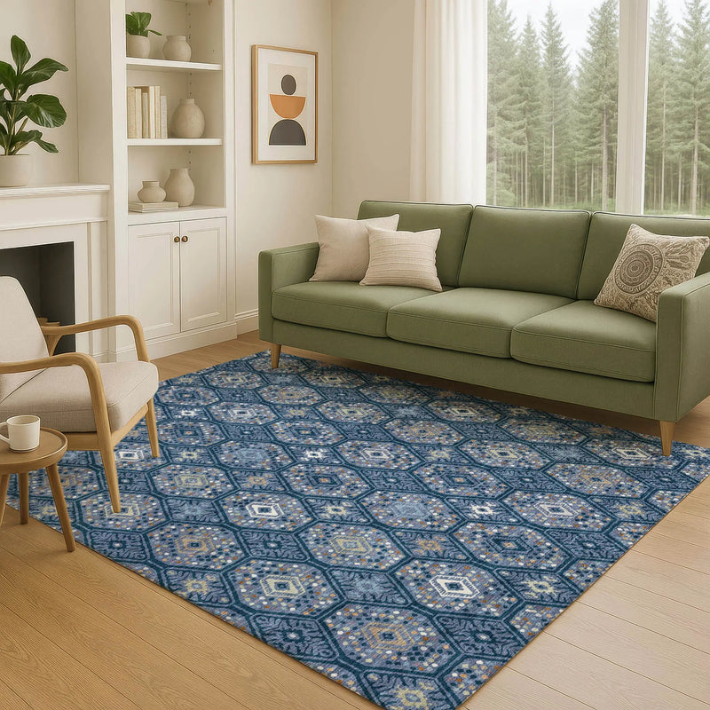 5' X 8' Navy Blue And Blue Geometric Washable Indoor Outdoor Area Rug Homeroots Outdoor