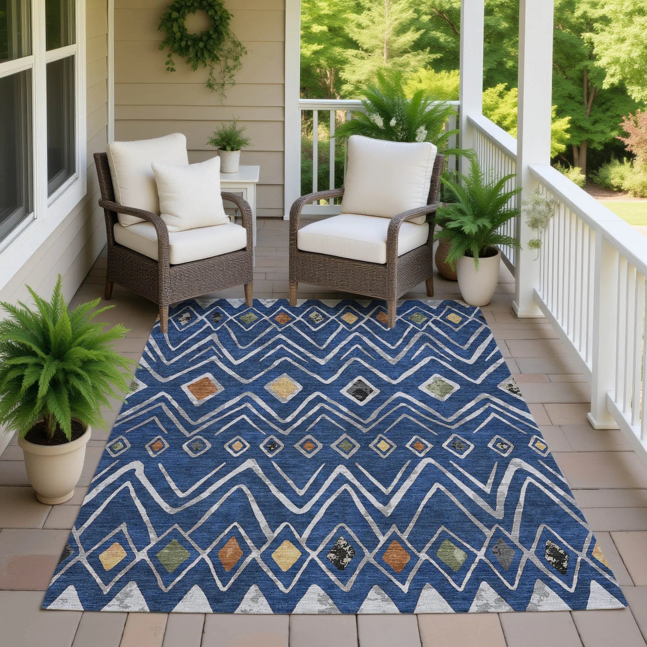 5' X 8' Navy Blue And Blue Geometric Washable Indoor Outdoor Area Rug Homeroots Outdoor