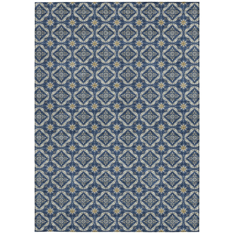 5' X 8' Navy Blue And Blue Geometric Washable Indoor Outdoor Area Rug Homeroots Outdoor