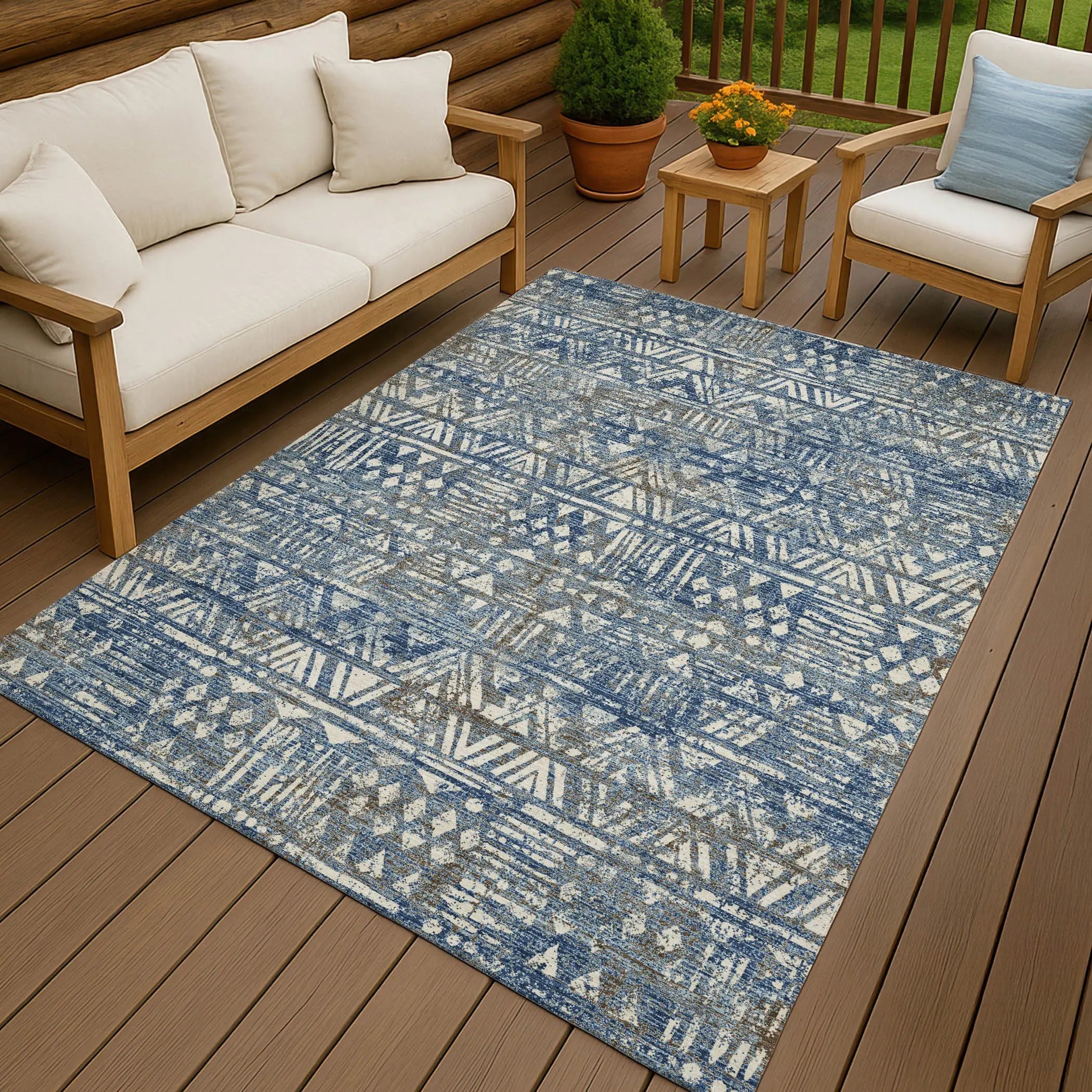 5' X 8' Navy Blue And Blue Geometric Washable Indoor Outdoor Area Rug Homeroots Outdoor