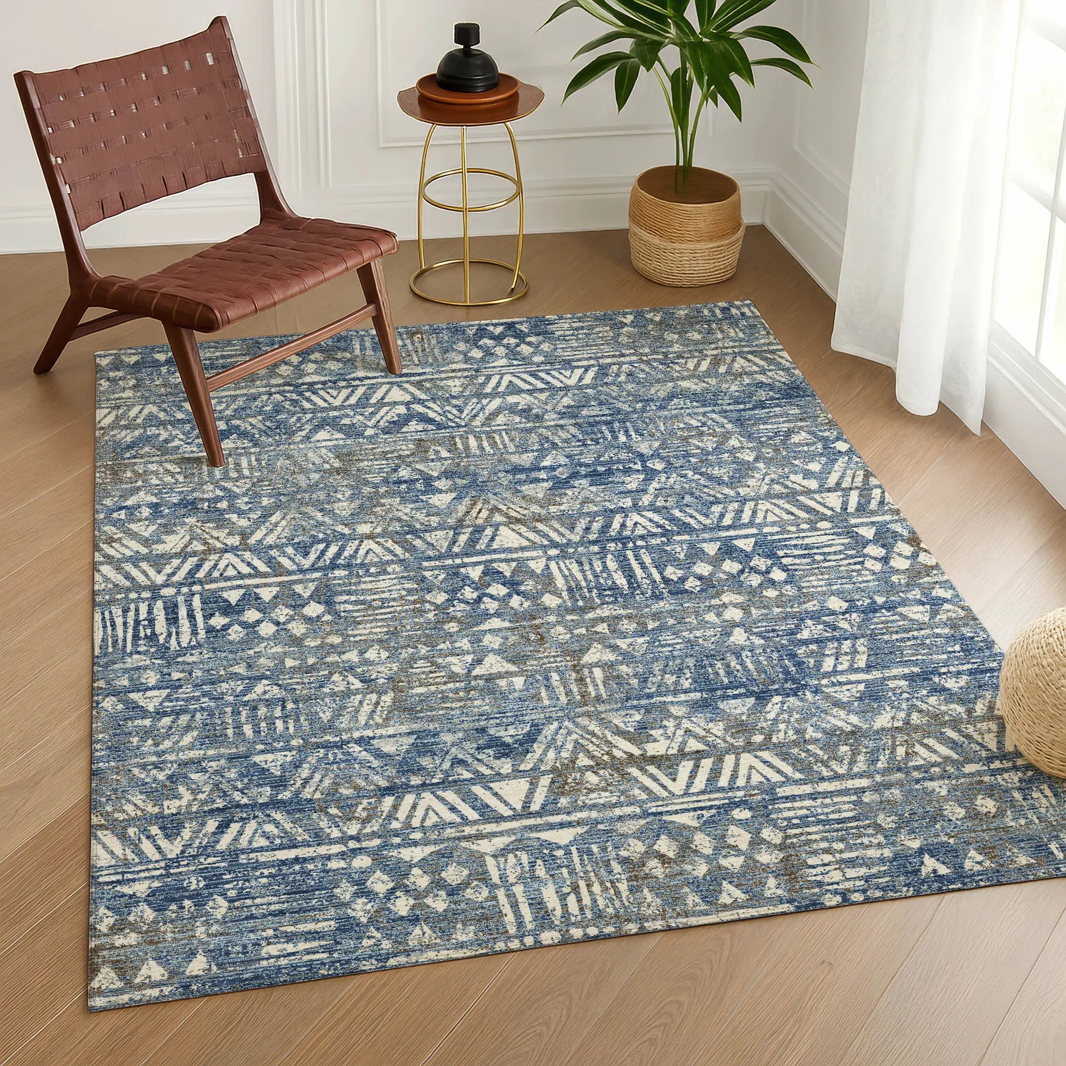 5' X 8' Navy Blue And Blue Geometric Washable Indoor Outdoor Area Rug Homeroots Outdoor