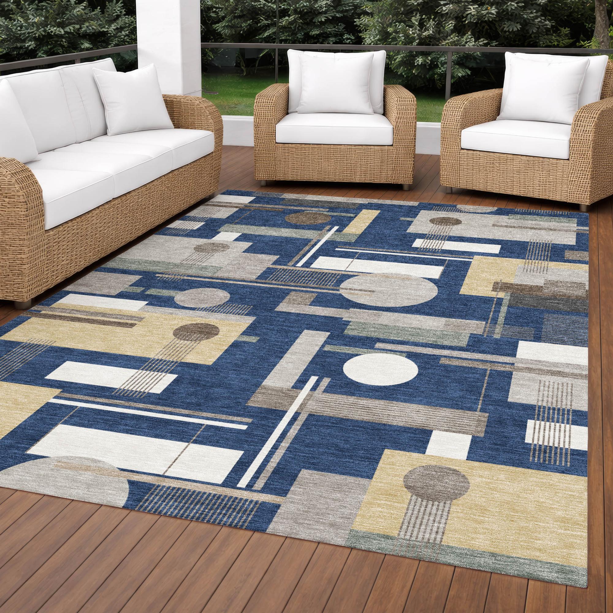 5' X 8' Navy Blue And Blue Geometric Washable Indoor Outdoor Area Rug Homeroots Outdoor