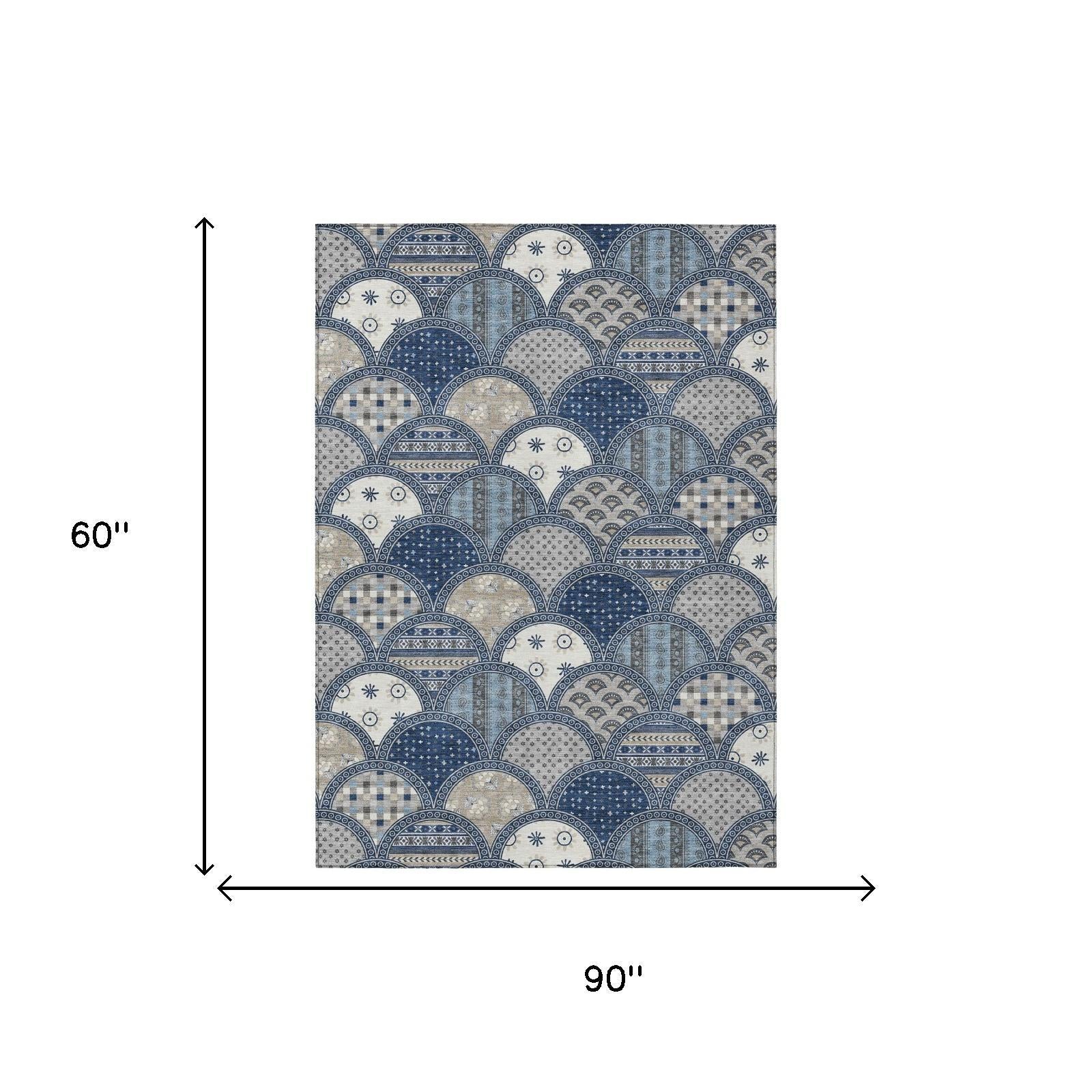 5' X 8' Navy Blue And Blue Geometric Washable Indoor Outdoor Area Rug Homeroots Outdoor