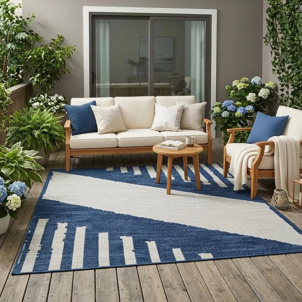 5' X 8' Navy Blue And Blue Geometric Washable Indoor Outdoor Area Rug Homeroots Outdoor