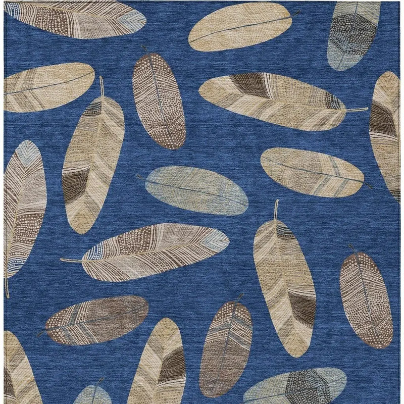 5' X 8' Navy Blue And Brown Botanical Leaves Washable Indoor Outdoor Area Rug Homeroots Outdoor
