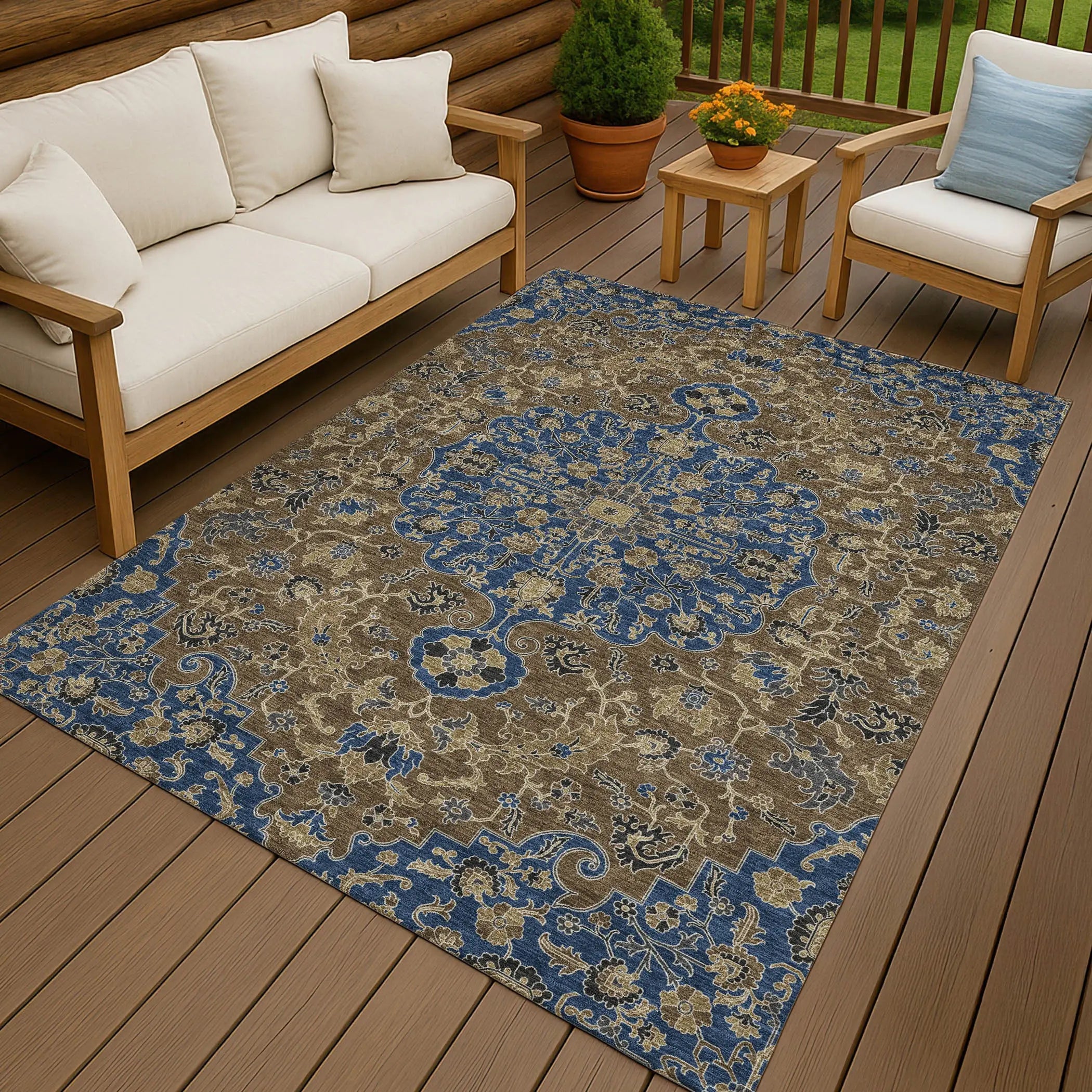 5' X 8' Navy Blue And Brown Floral Medallion Washable Indoor Outdoor Area Rug Homeroots Outdoor