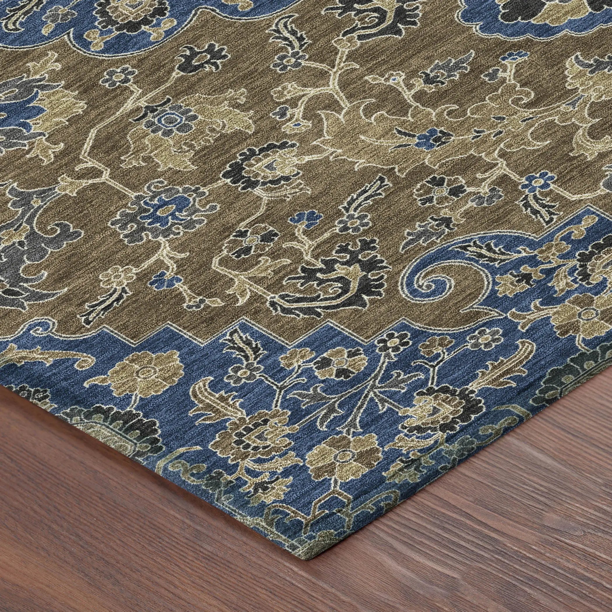 5' X 8' Navy Blue And Brown Floral Medallion Washable Indoor Outdoor Area Rug Homeroots Outdoor