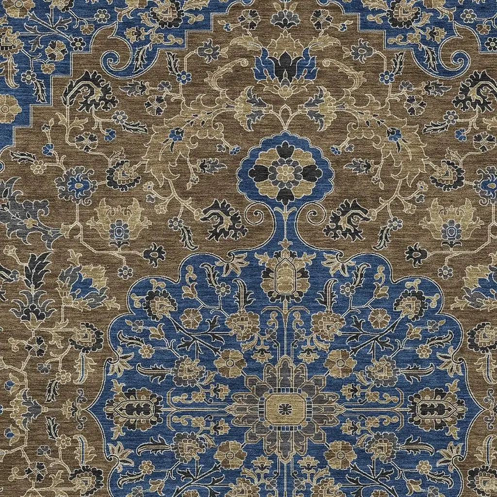 5' X 8' Navy Blue And Brown Floral Medallion Washable Indoor Outdoor Area Rug Homeroots Outdoor