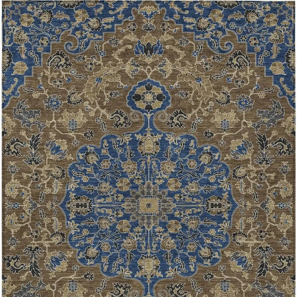 5' X 8' Navy Blue And Brown Floral Medallion Washable Indoor Outdoor Area Rug Homeroots Outdoor