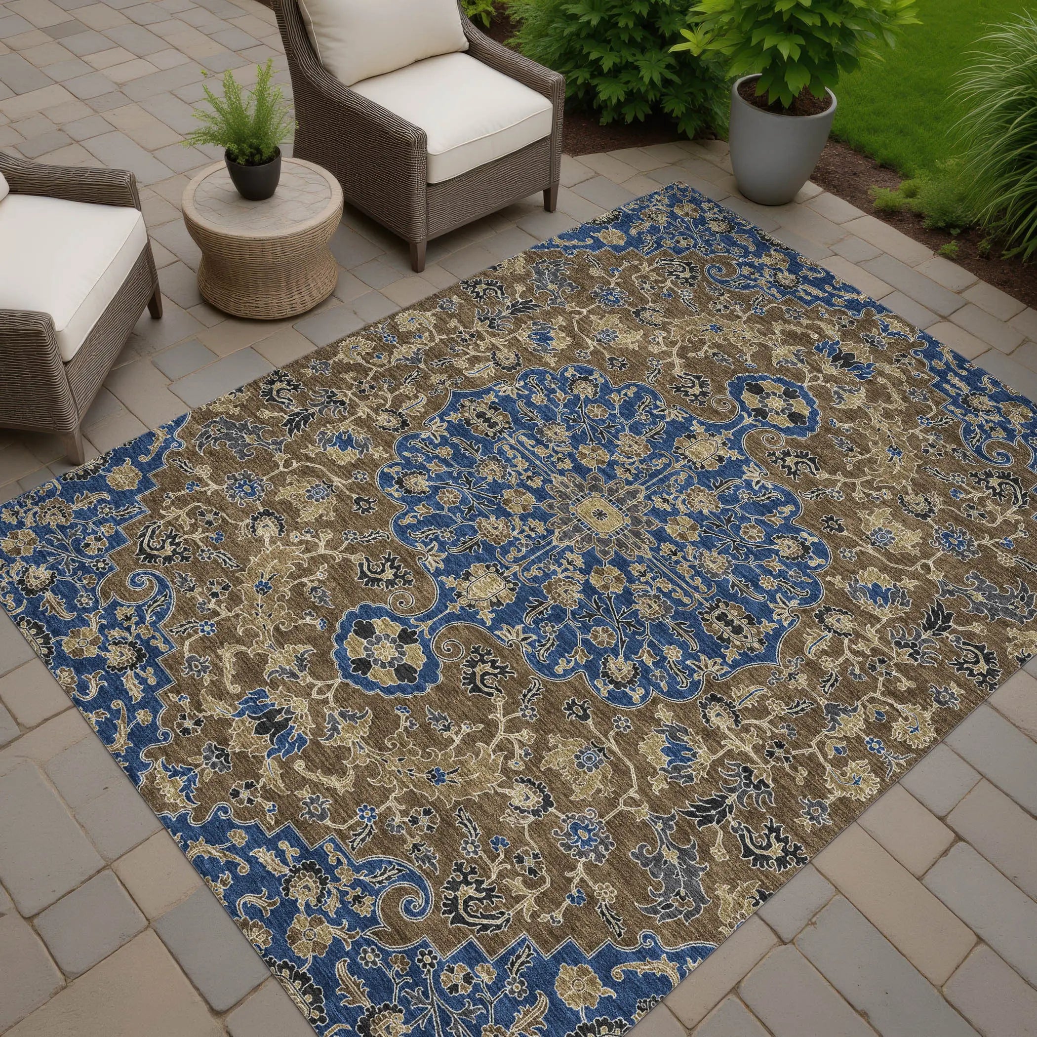 5' X 8' Navy Blue And Brown Floral Medallion Washable Indoor Outdoor Area Rug Homeroots Outdoor