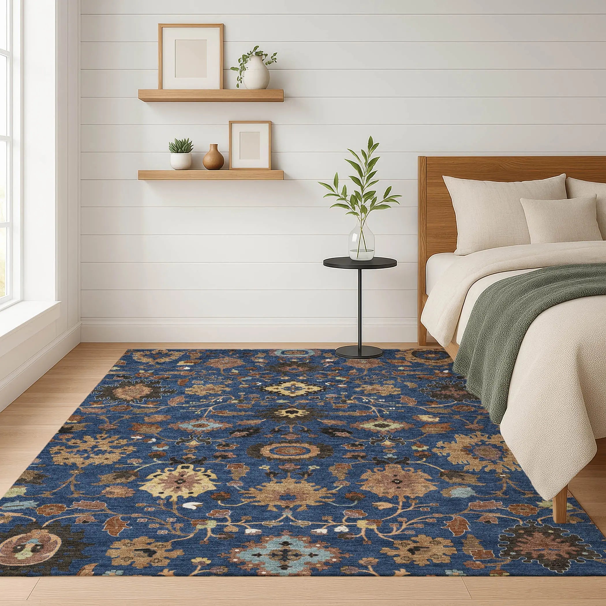 5' X 8' Navy Blue And Copper Floral Medallion Washable Indoor Outdoor Area Rug Homeroots Outdoor