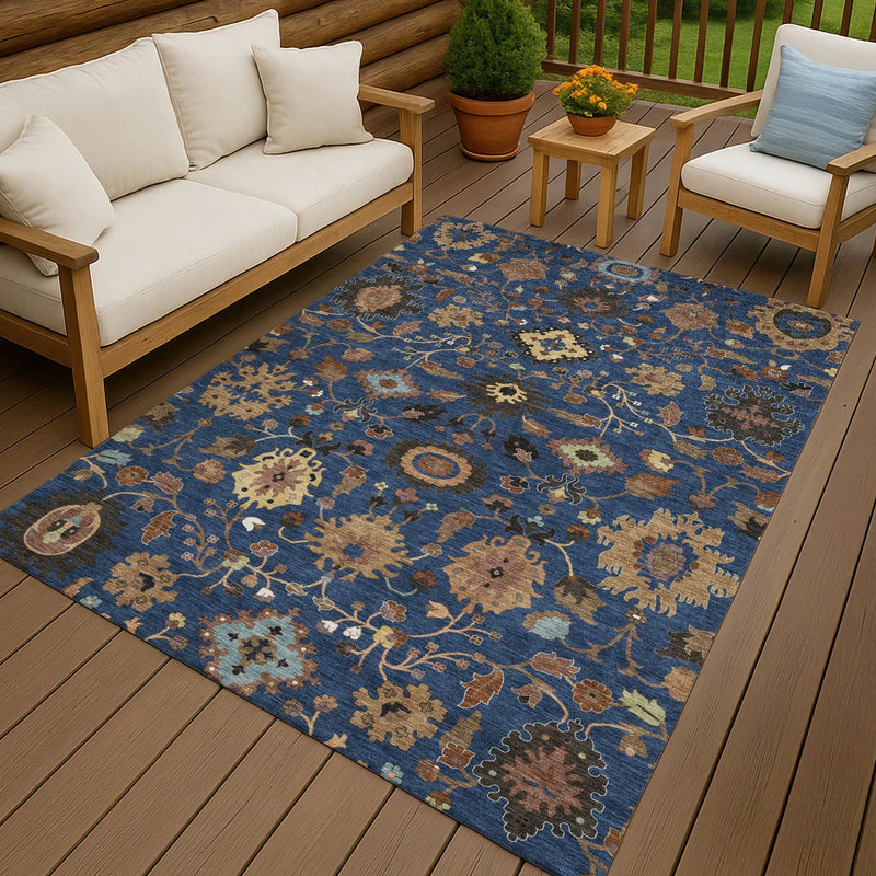 5' X 8' Navy Blue And Copper Floral Medallion Washable Indoor Outdoor Area Rug Homeroots Outdoor