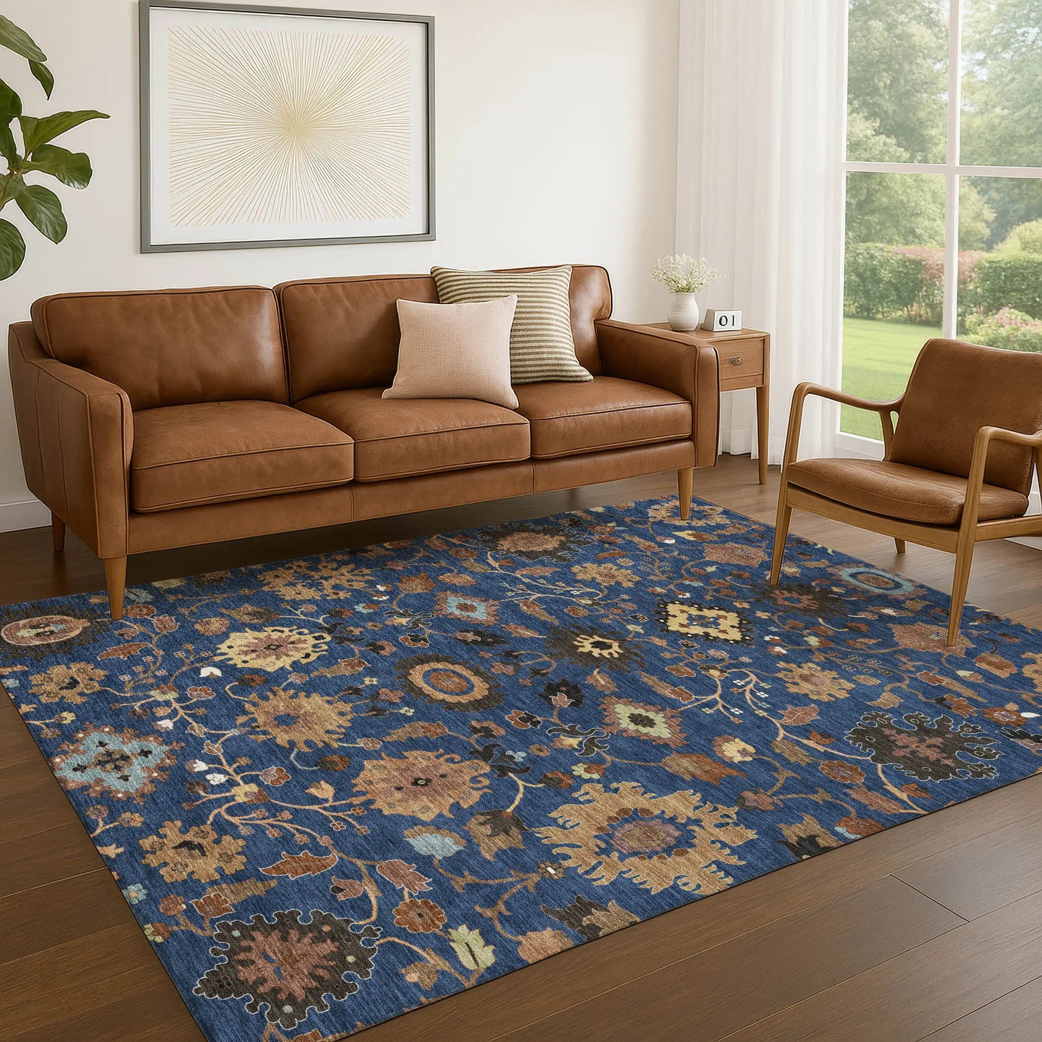 5' X 8' Navy Blue And Copper Floral Medallion Washable Indoor Outdoor Area Rug Homeroots Outdoor