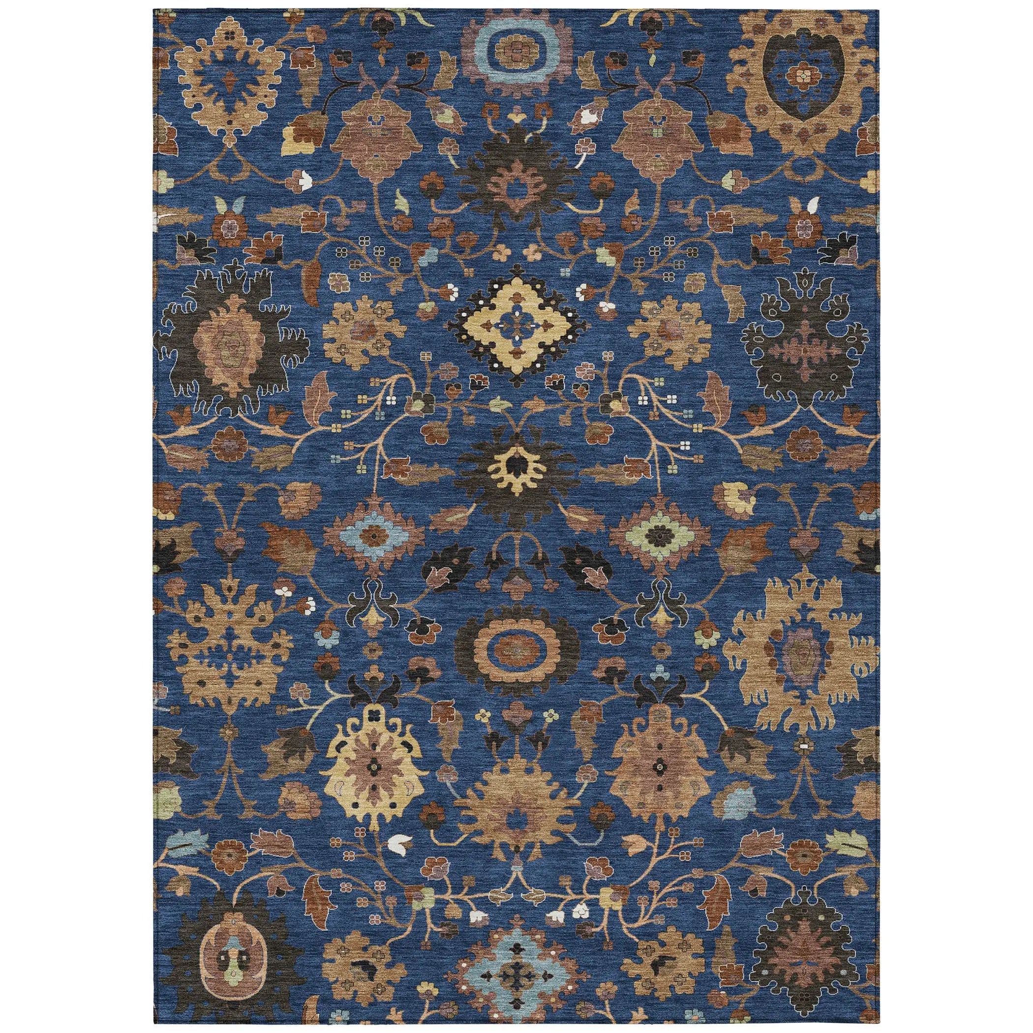5' X 8' Navy Blue And Copper Floral Medallion Washable Indoor Outdoor Area Rug Homeroots Outdoor