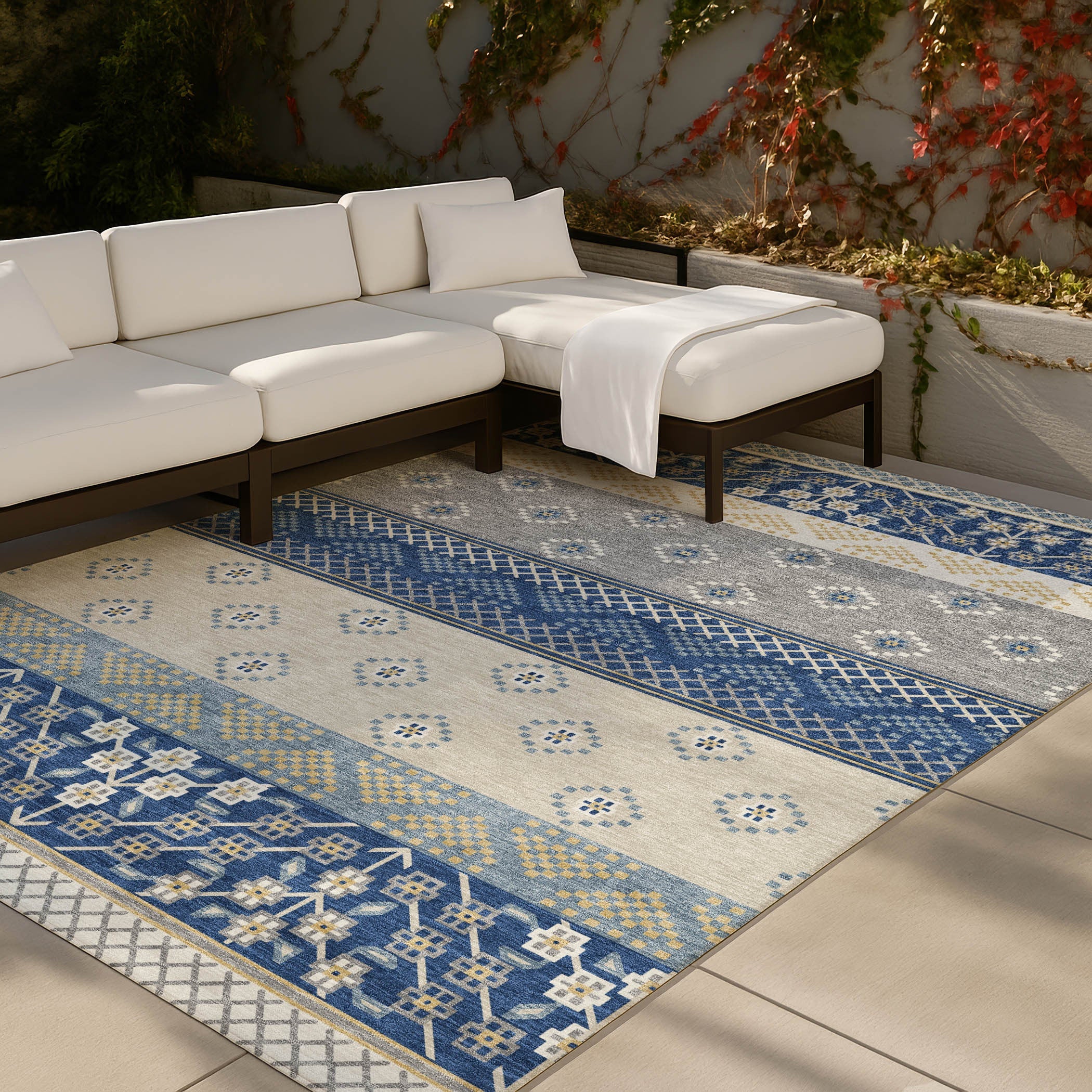 5' X 8' Navy Blue And Copper Striped Washable Indoor Outdoor Area Rug Homeroots Outdoor
