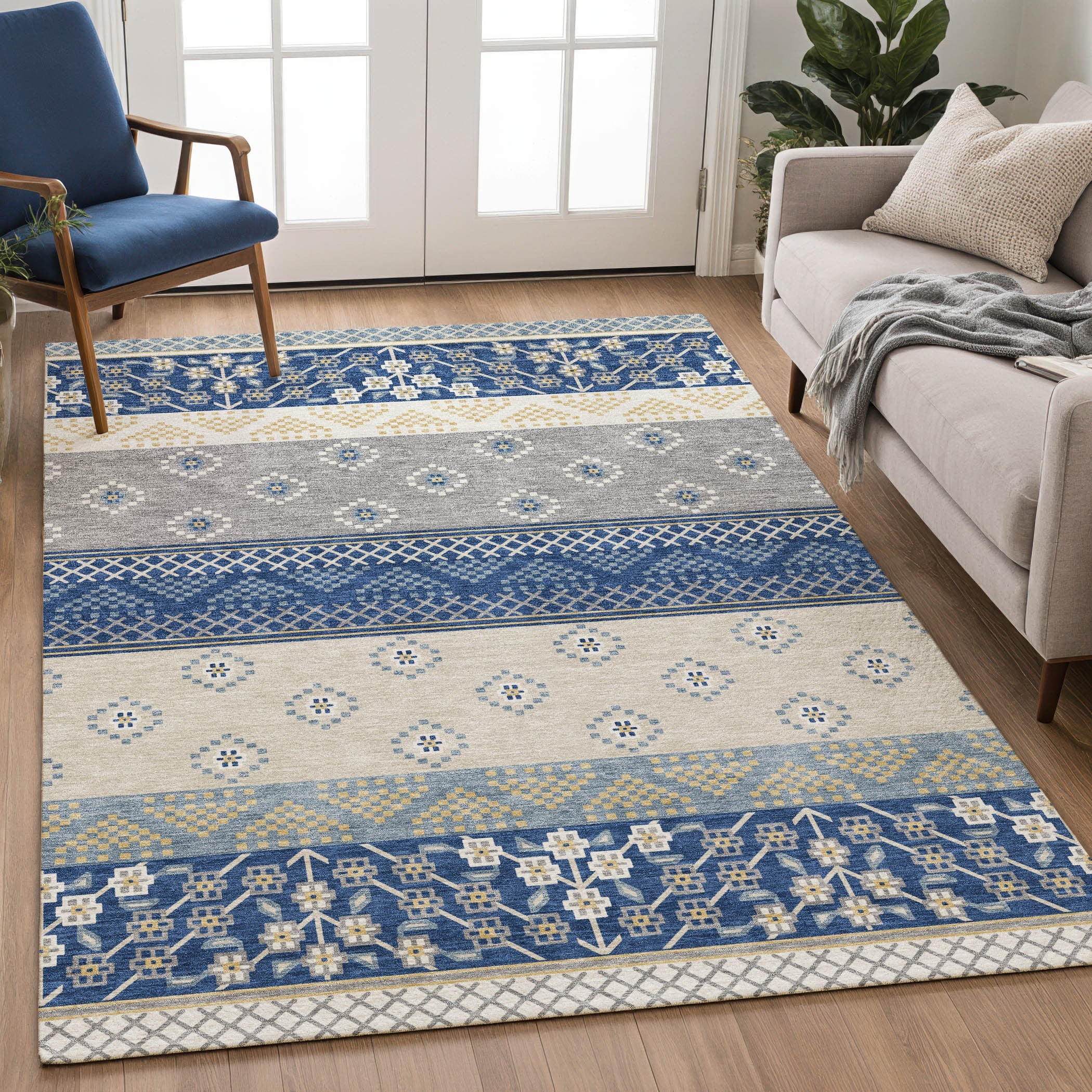 5' X 8' Navy Blue And Copper Striped Washable Indoor Outdoor Area Rug Homeroots Outdoor