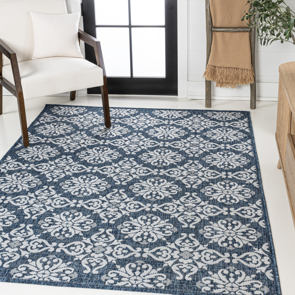 5' X 8' Navy Blue And Cream Floral Indoor Outdoor Area Rug - GreatEagleInc