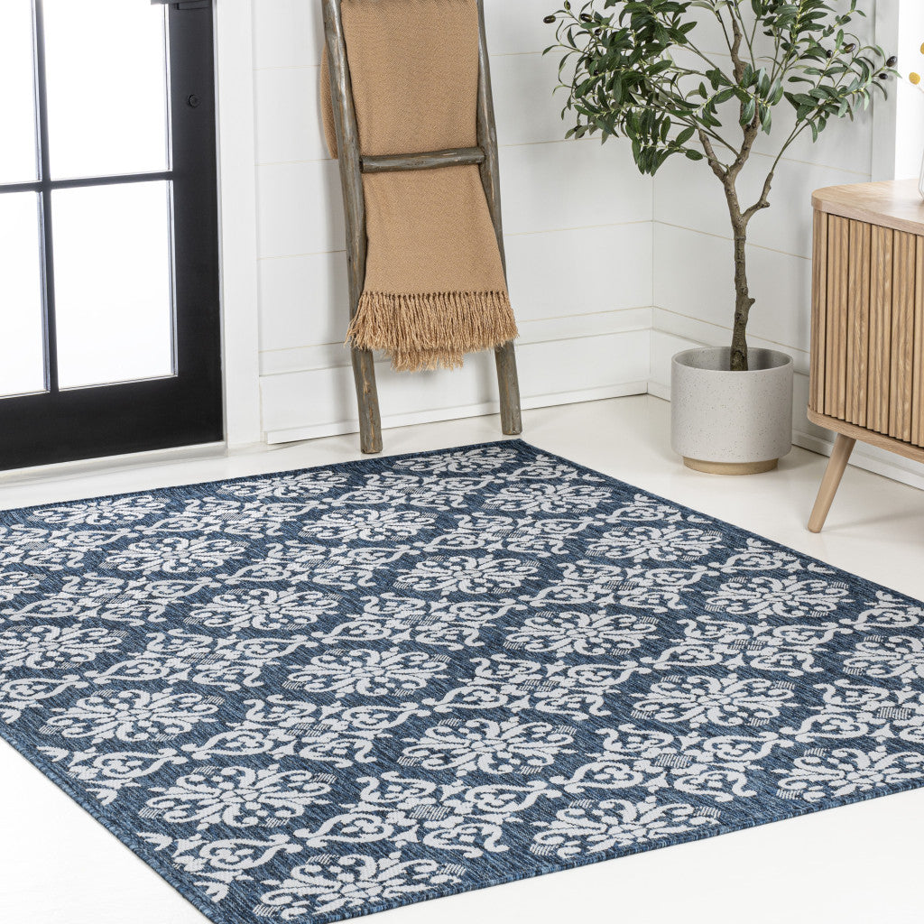 5' X 8' Navy Blue And Cream Floral Indoor Outdoor Area Rug - GreatEagleInc