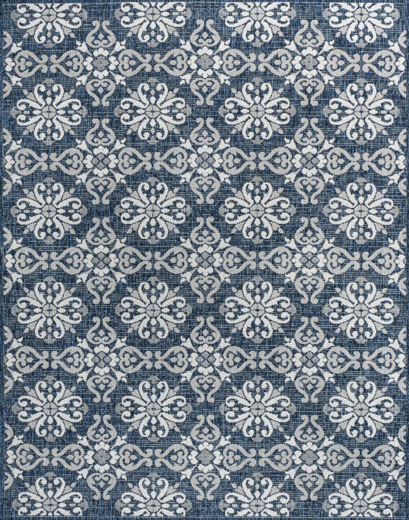 5' X 8' Navy Blue And Cream Floral Indoor Outdoor Area Rug - GreatEagleInc