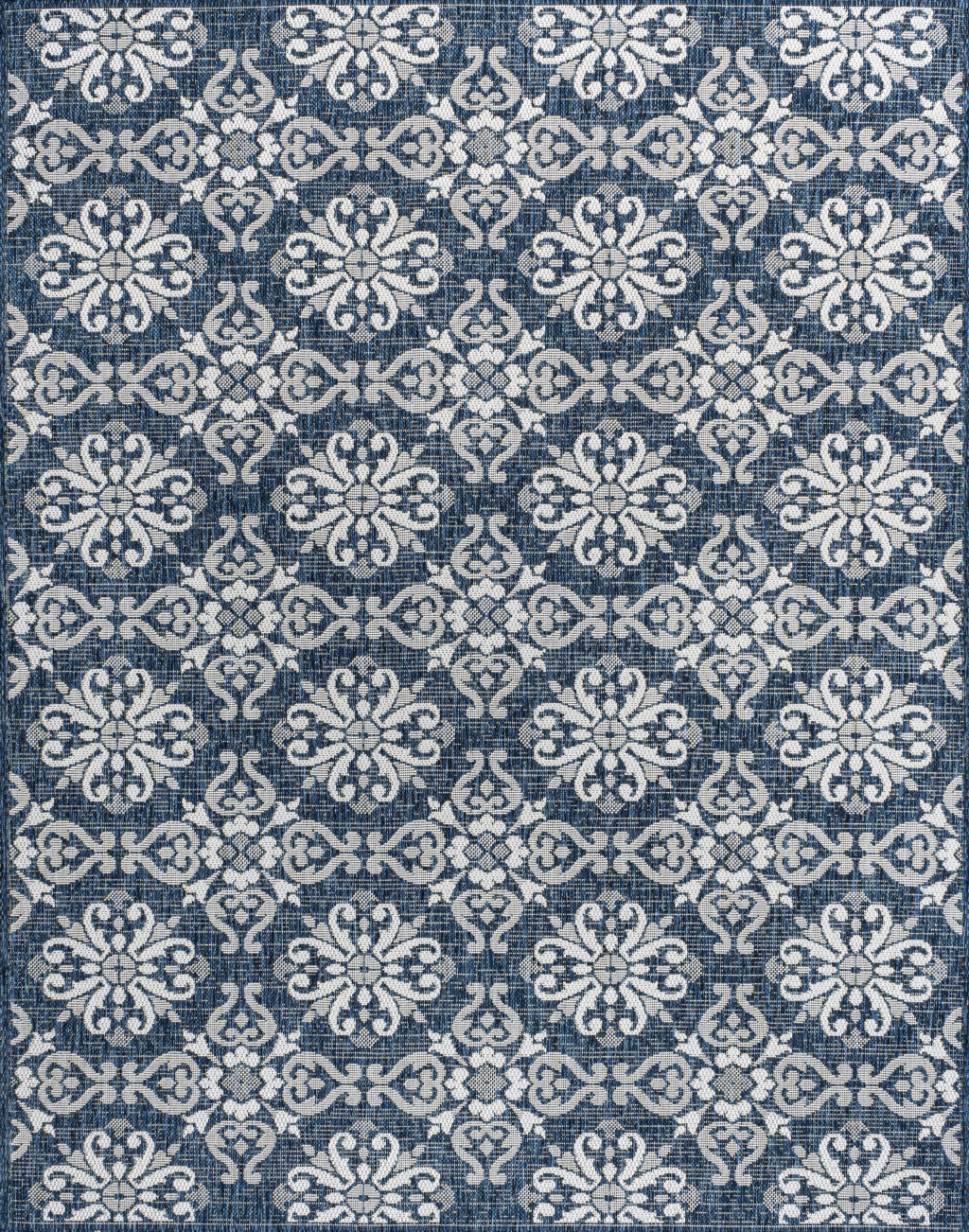 5' X 8' Navy Blue And Cream Floral Indoor Outdoor Area Rug - GreatEagleInc