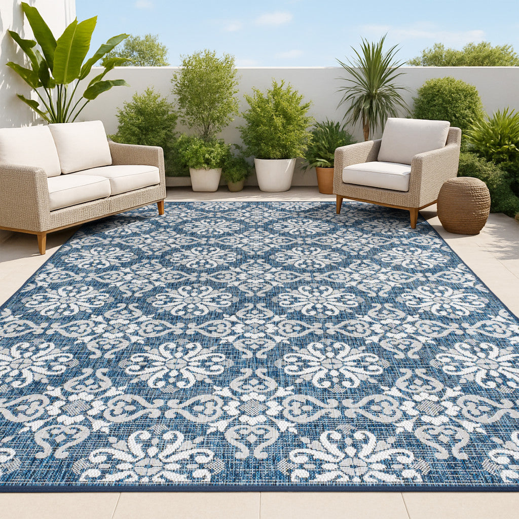 5' X 8' Navy Blue And Cream Floral Indoor Outdoor Area Rug - GreatEagleInc
