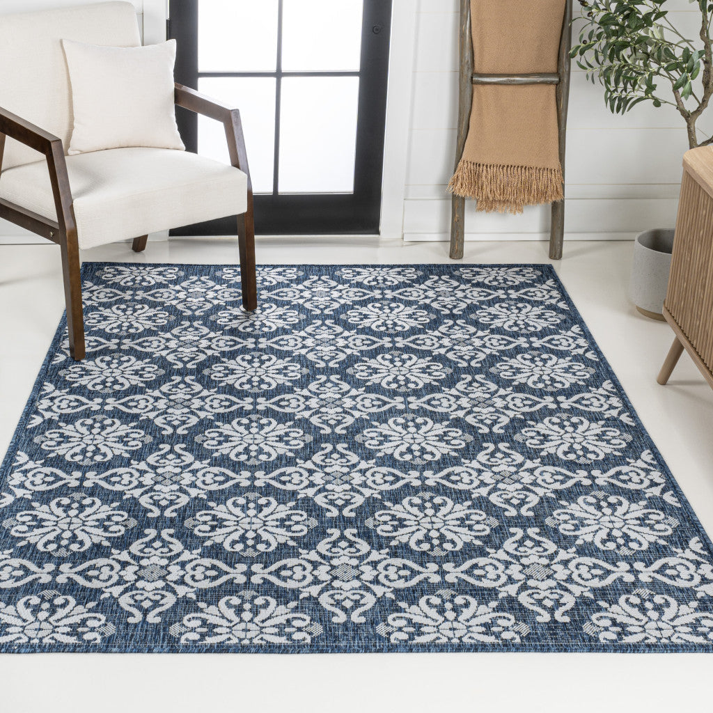 5' X 8' Navy Blue And Cream Floral Indoor Outdoor Area Rug - GreatEagleInc
