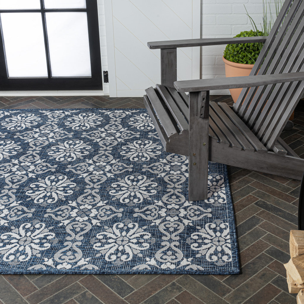 5' X 8' Navy Blue And Cream Floral Indoor Outdoor Area Rug - GreatEagleInc