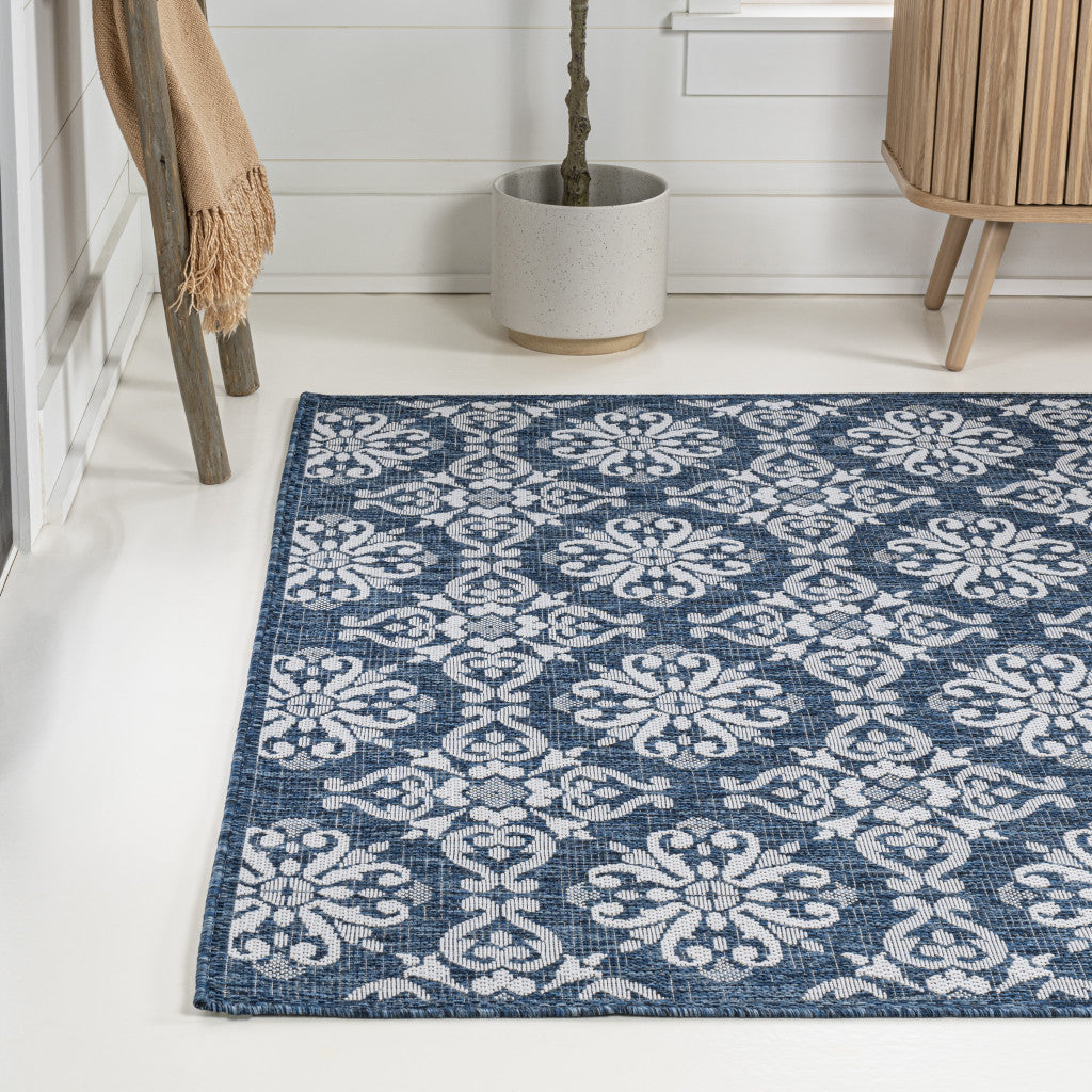 5' X 8' Navy Blue And Cream Floral Indoor Outdoor Area Rug - GreatEagleInc