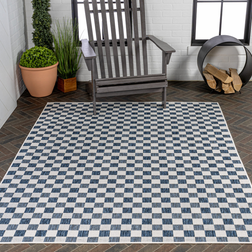 5' X 8' Navy Blue And Cream Geometric Indoor Outdoor Area Rug - GreatEagleInc