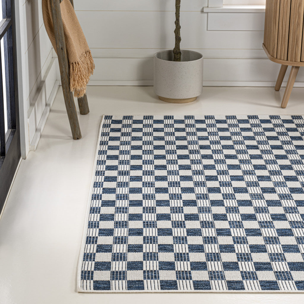 5' X 8' Navy Blue And Cream Geometric Indoor Outdoor Area Rug - GreatEagleInc