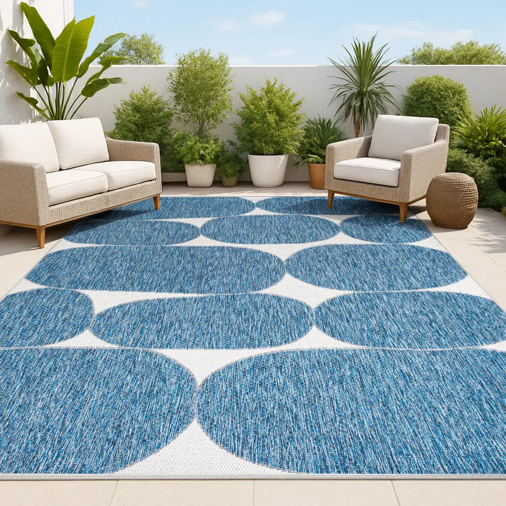 5' X 8' Navy Blue And Cream Geometric Indoor Outdoor Area Rug Homeroots Outdoor