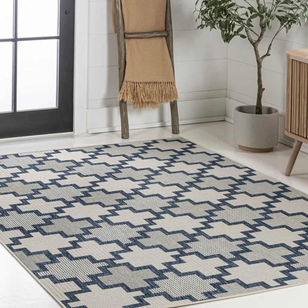 5' X 8' Navy Blue And Cream Trellis Indoor Outdoor Area Rug Homeroots Outdoor