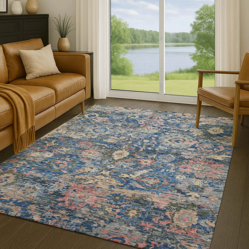 5' X 8' Navy Blue And Denim Blue Floral Washable Indoor Outdoor Area Rug Homeroots Outdoor