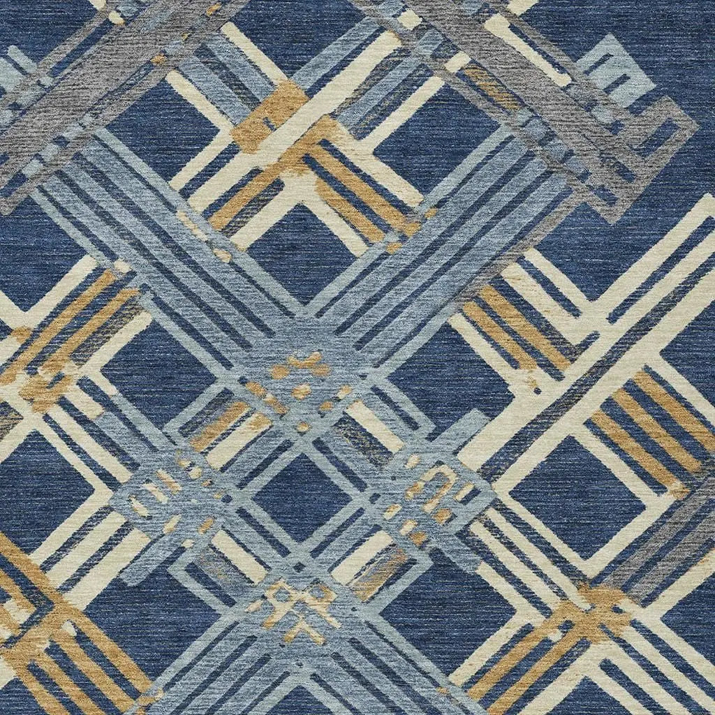 5' X 8' Navy Blue And Denim Blue Geometric Washable Indoor Outdoor Area Rug Homeroots Outdoor