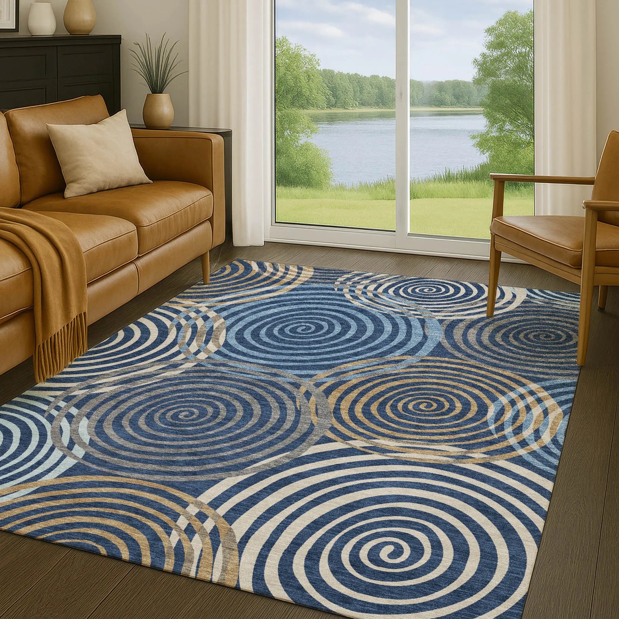 5' X 8' Navy Blue And Denim Blue Geometric Washable Indoor Outdoor Area Rug Homeroots Outdoor