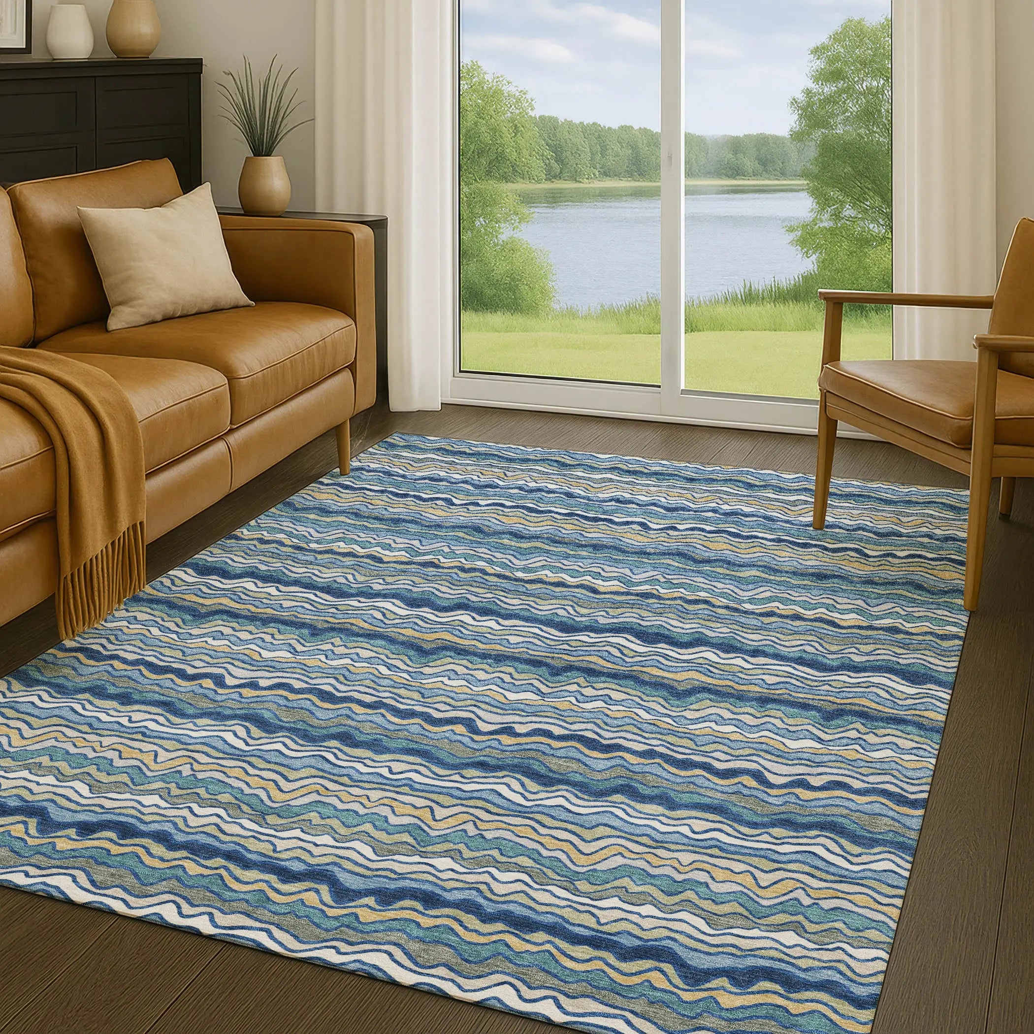 5' X 8' Navy Blue And Denim Blue Striped Washable Indoor Outdoor Area Rug Homeroots Outdoor