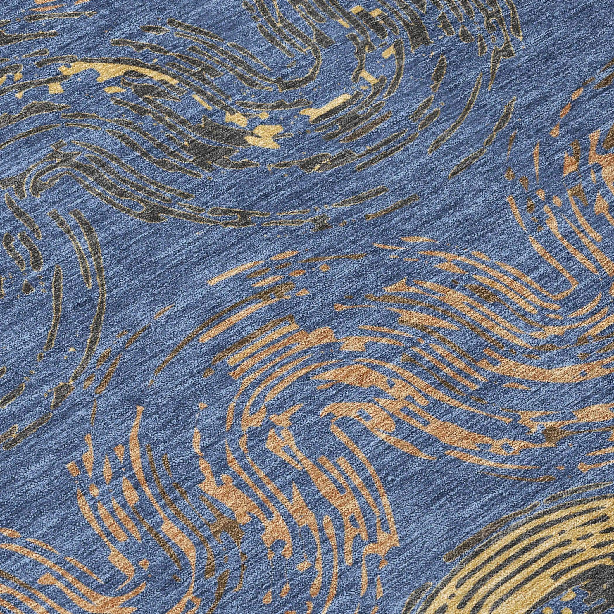 5' X 8' Navy Blue And Gold Abstract Washable Indoor Outdoor Area Rug Homeroots Outdoor