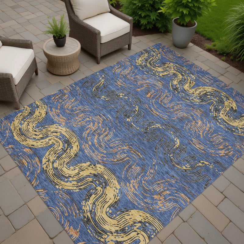5' X 8' Navy Blue And Gold Abstract Washable Indoor Outdoor Area Rug Homeroots Outdoor