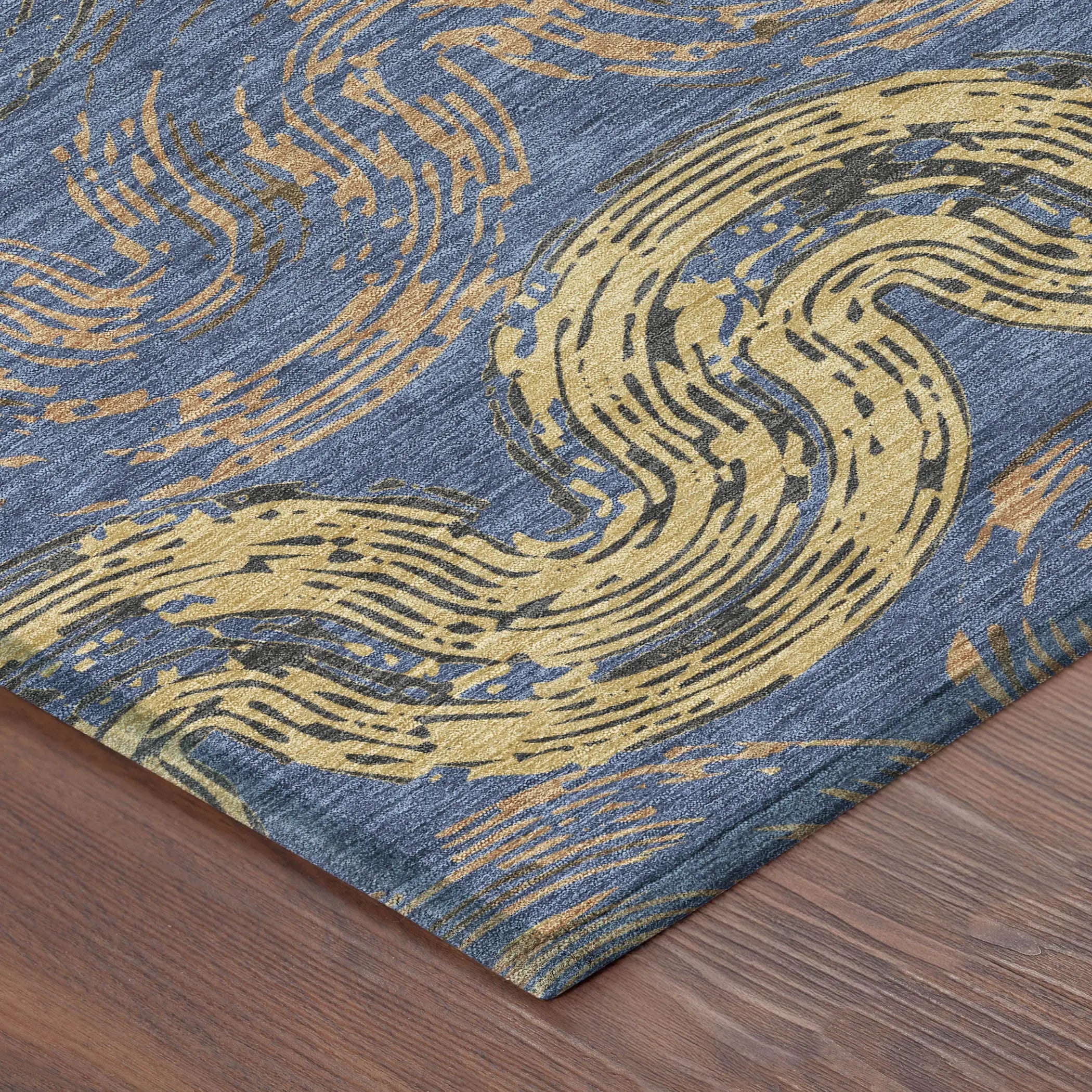 5' X 8' Navy Blue And Gold Abstract Washable Indoor Outdoor Area Rug Homeroots Outdoor