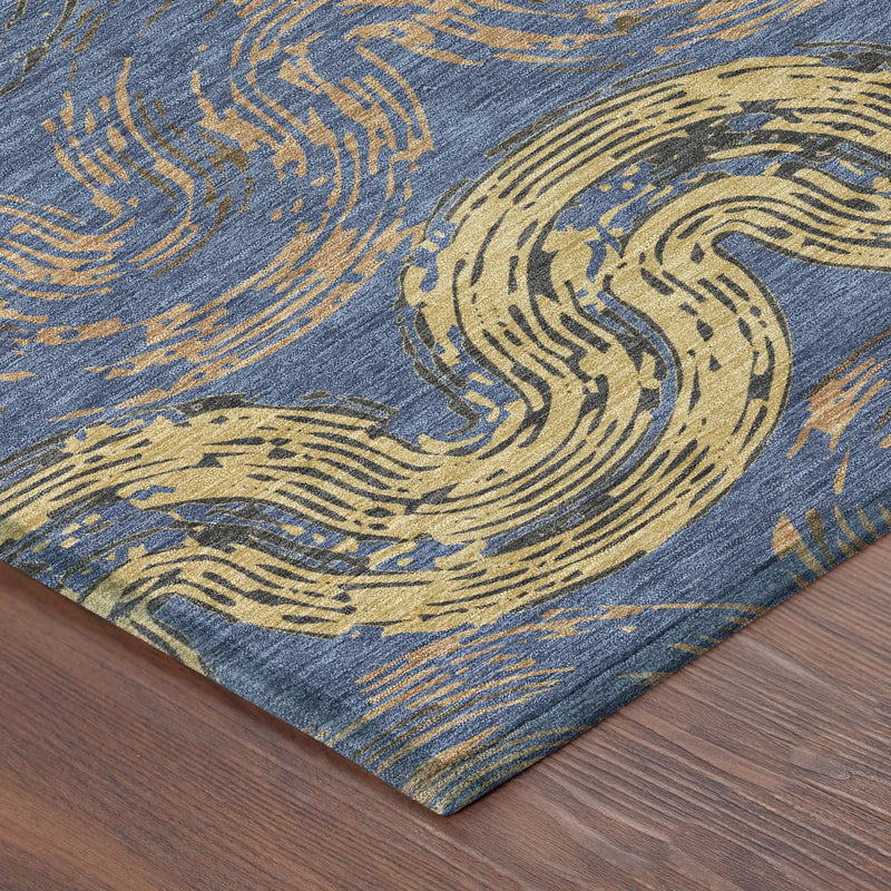 5' X 8' Navy Blue And Gold Abstract Washable Indoor Outdoor Area Rug Homeroots Outdoor