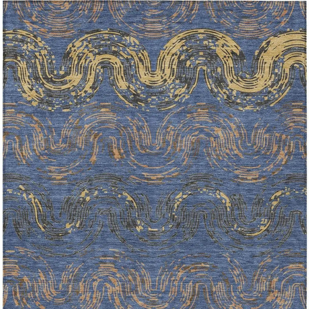 5' X 8' Navy Blue And Gold Abstract Washable Indoor Outdoor Area Rug Homeroots Outdoor