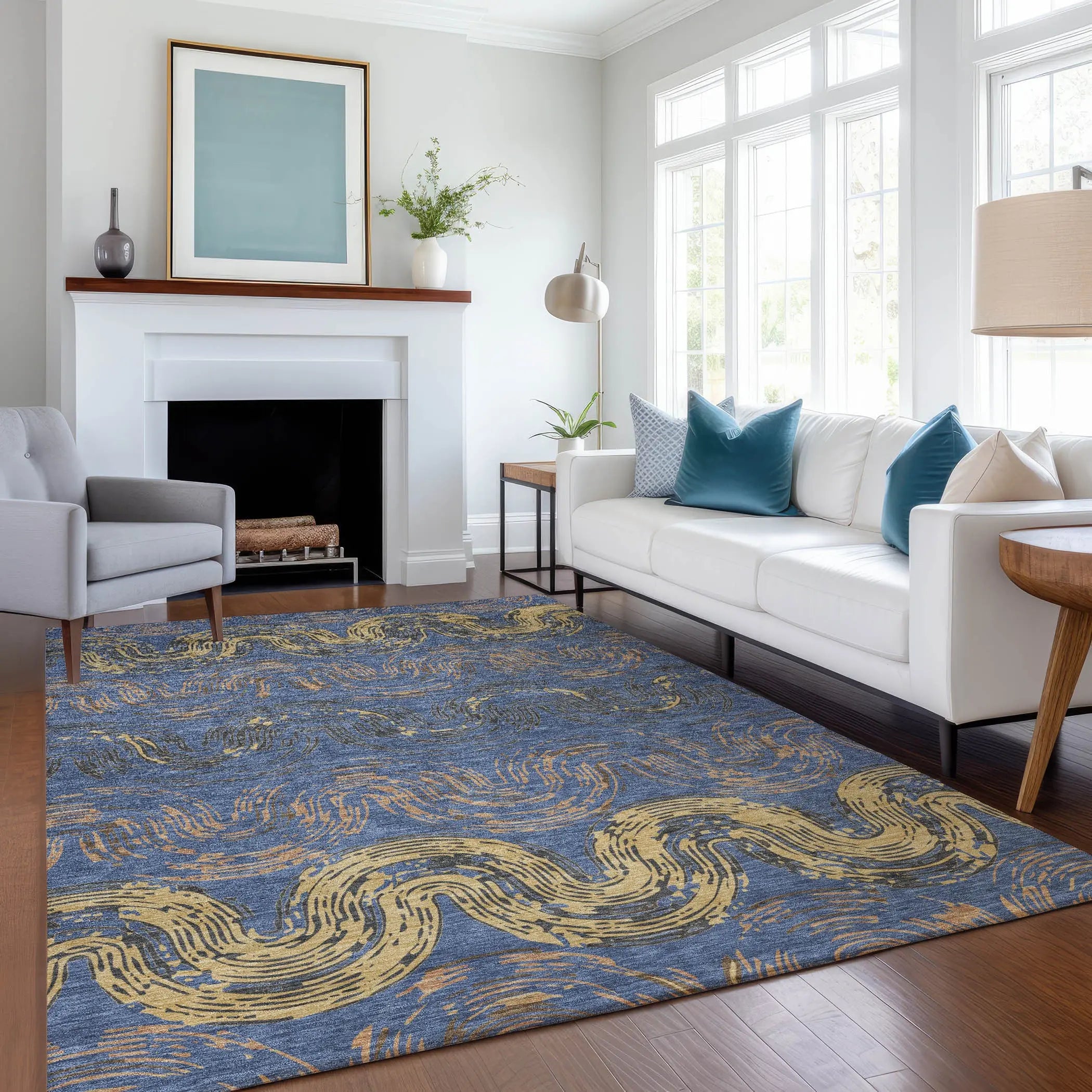 5' X 8' Navy Blue And Gold Abstract Washable Indoor Outdoor Area Rug Homeroots Outdoor