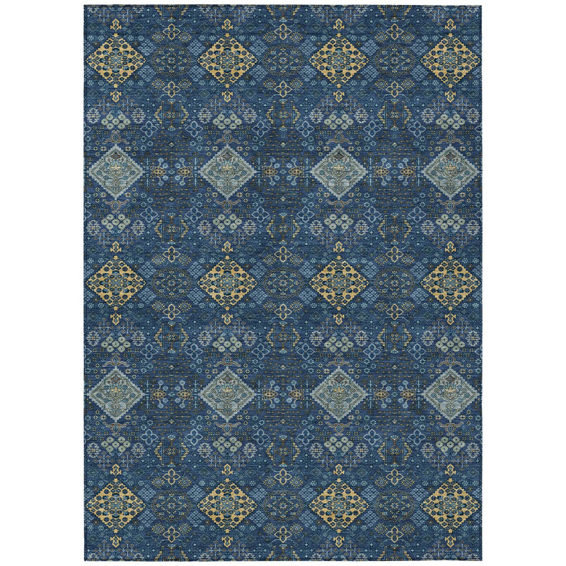 5' X 8' Navy Blue And Gold Geometric Washable Indoor Outdoor Area Rug Homeroots Outdoor