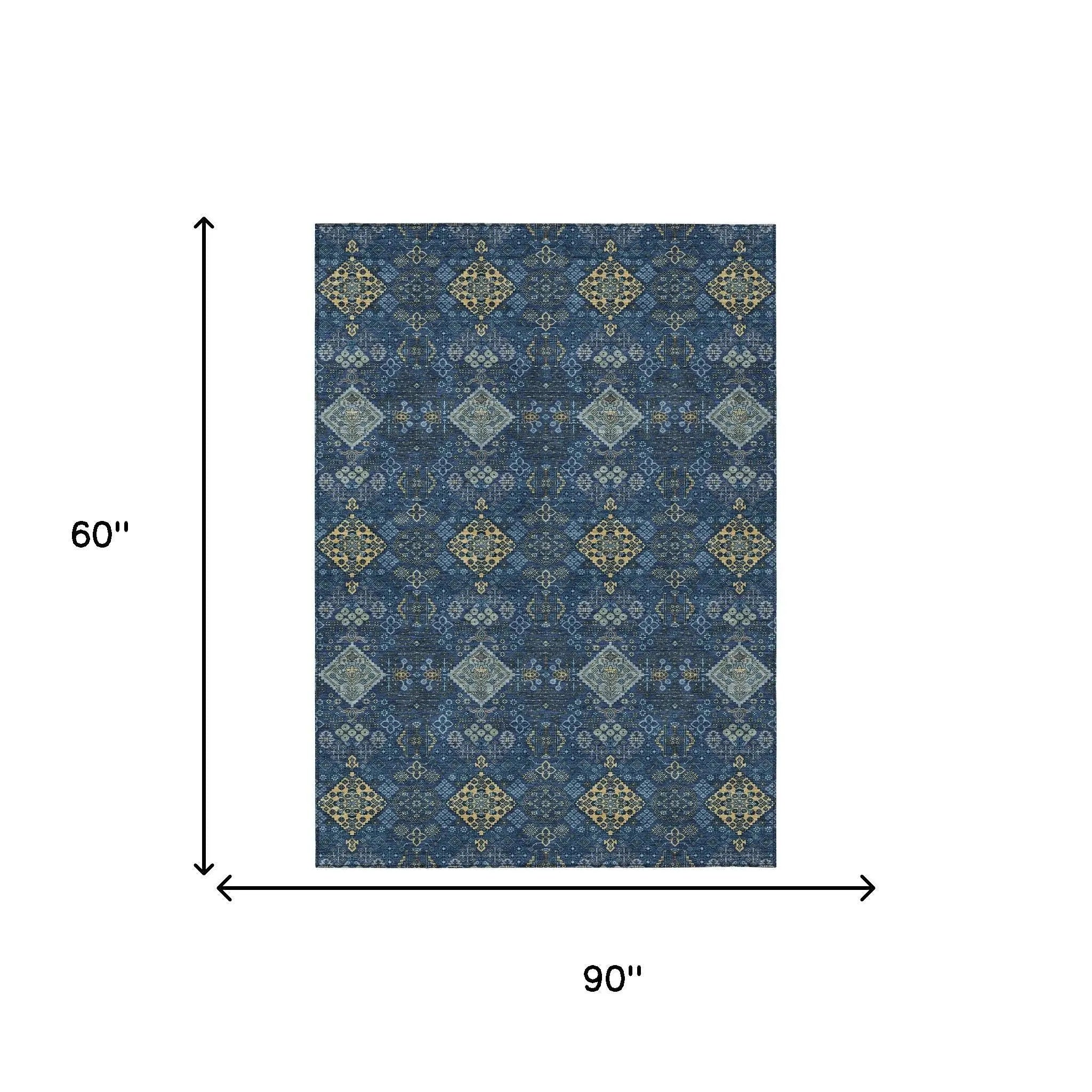 5' X 8' Navy Blue And Gold Geometric Washable Indoor Outdoor Area Rug Homeroots Outdoor