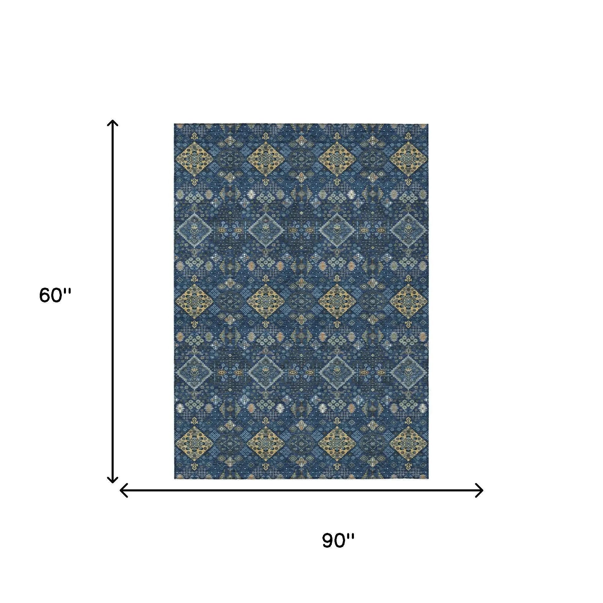 5' X 8' Navy Blue And Gold Geometric Washable Indoor Outdoor Area Rug Homeroots Outdoor