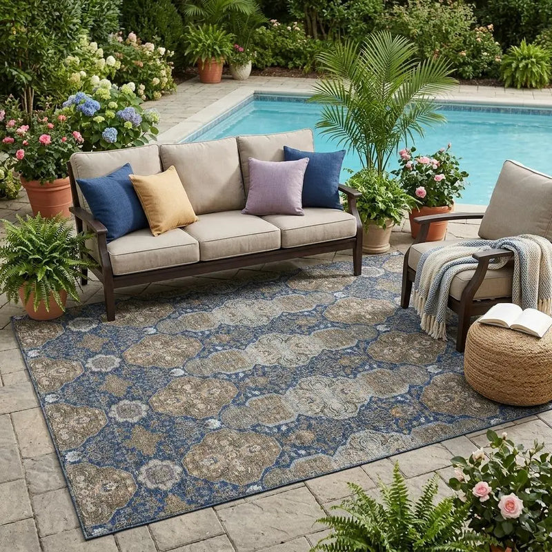 5' X 8' Navy Blue And Gray Floral Washable Indoor Outdoor Area Rug Homeroots Outdoor
