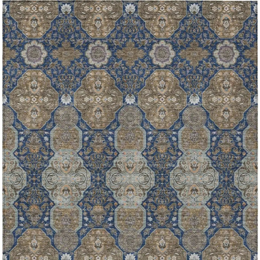 5' X 8' Navy Blue And Gray Floral Washable Indoor Outdoor Area Rug Homeroots Outdoor