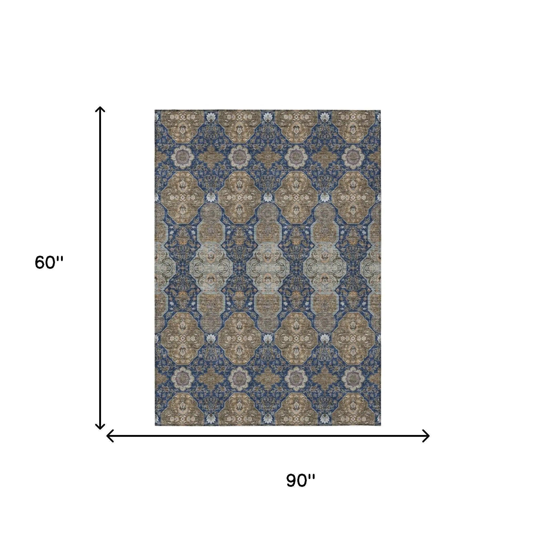 5' X 8' Navy Blue And Gray Floral Washable Indoor Outdoor Area Rug Homeroots Outdoor